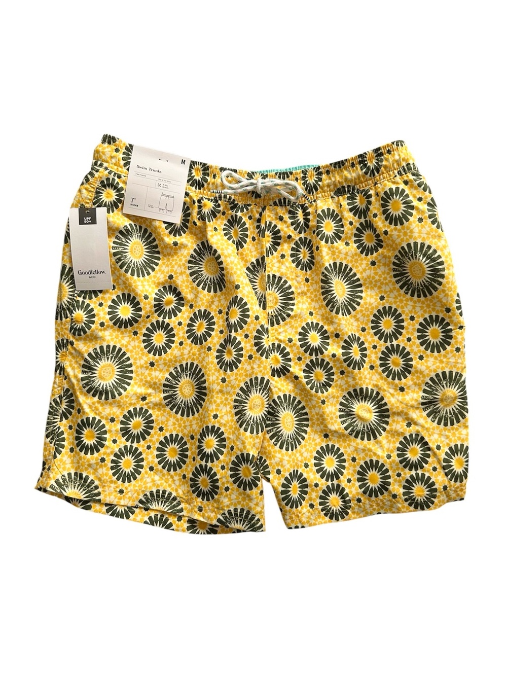 NWT Goodfellow & Co Yellow Black Pockets Liner Drawstring 7” Inseam UPF 50+ Sz M